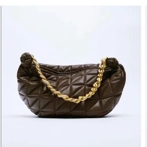 Zara Quilted Brown Vegan Leather Bag with Gold Chain